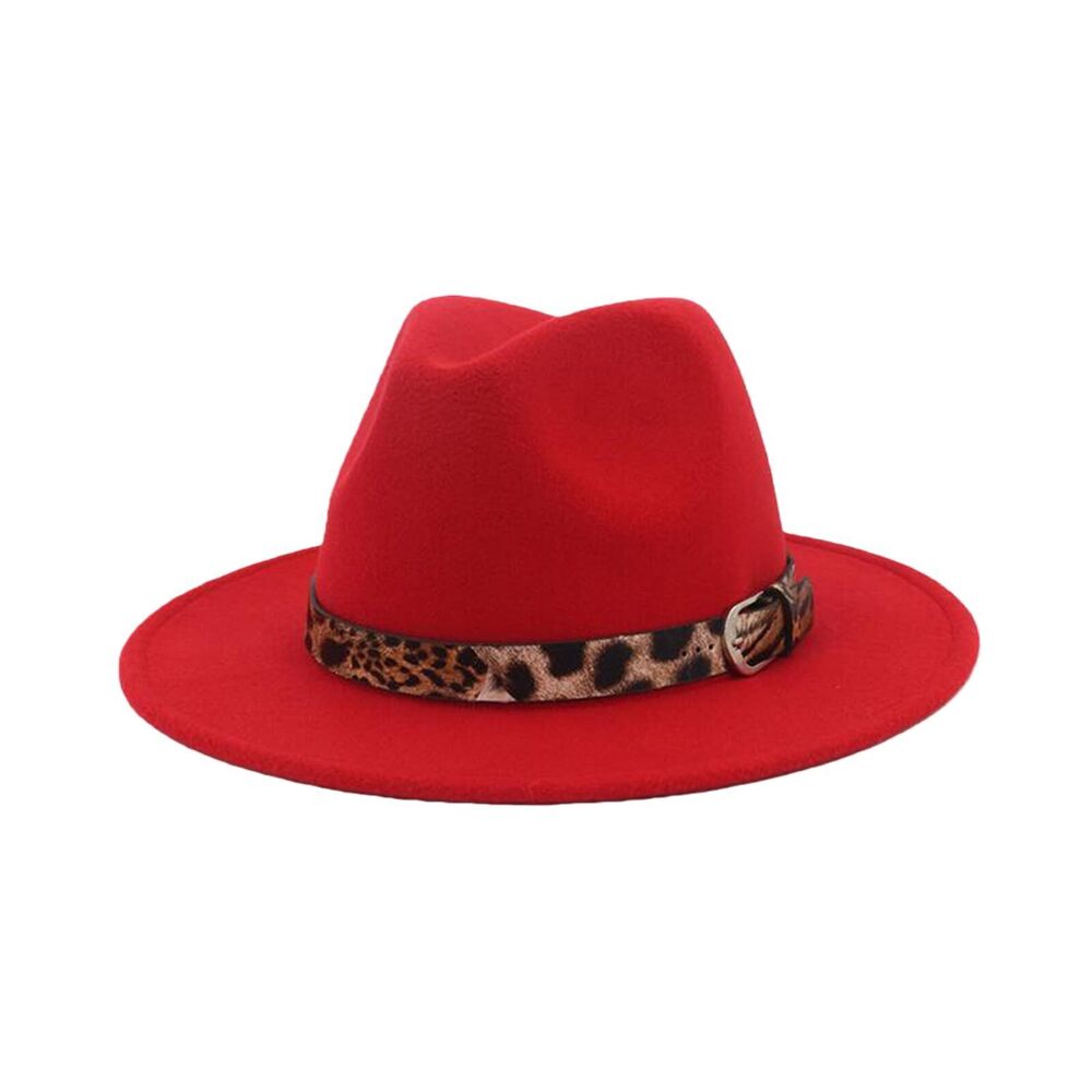 8724 Felt Fedora Hat Classic Wide Brim Panama Hat with Leopard Belt Buckle